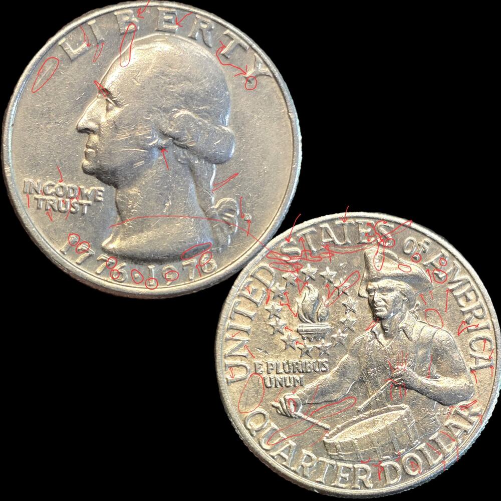 READ Bicentennial Quarter 1976D Double Die Double Ear Crack Die Clash Error Coin